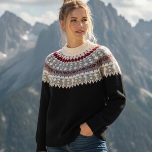 J Jill Fair Isle Knit Sweater Black White Snowflake Mock Neck Nordic Sz Petite M